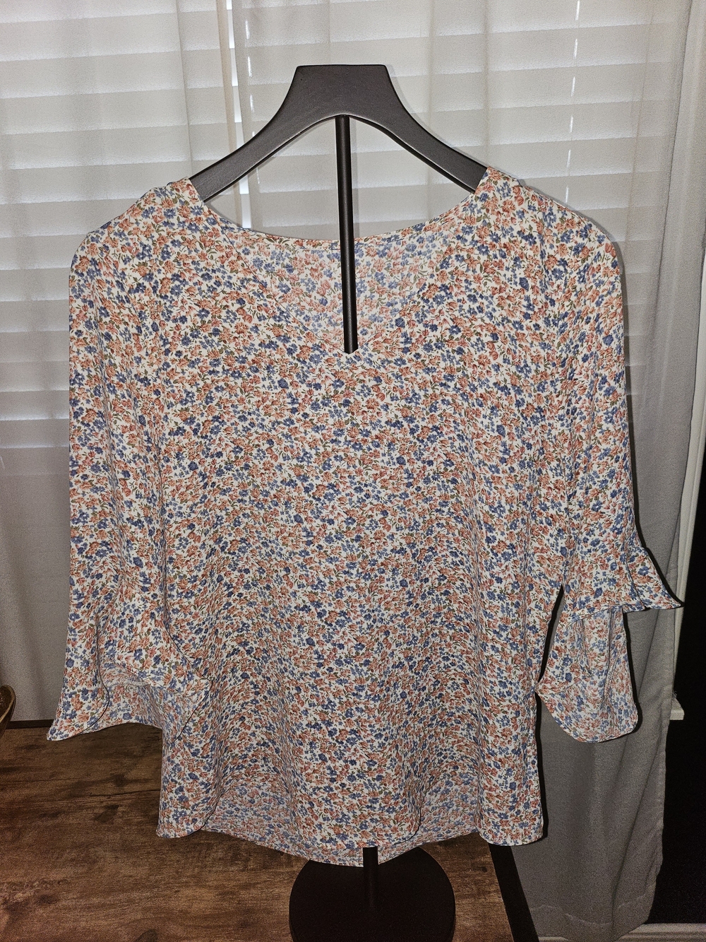 Floral Ruffle Sleeve Blouse in Blue and Peach